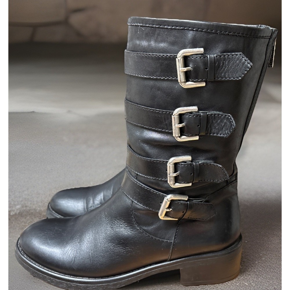 Aquatalia Italian Leather biker boots moto grunge street BLACK women's 7.5"